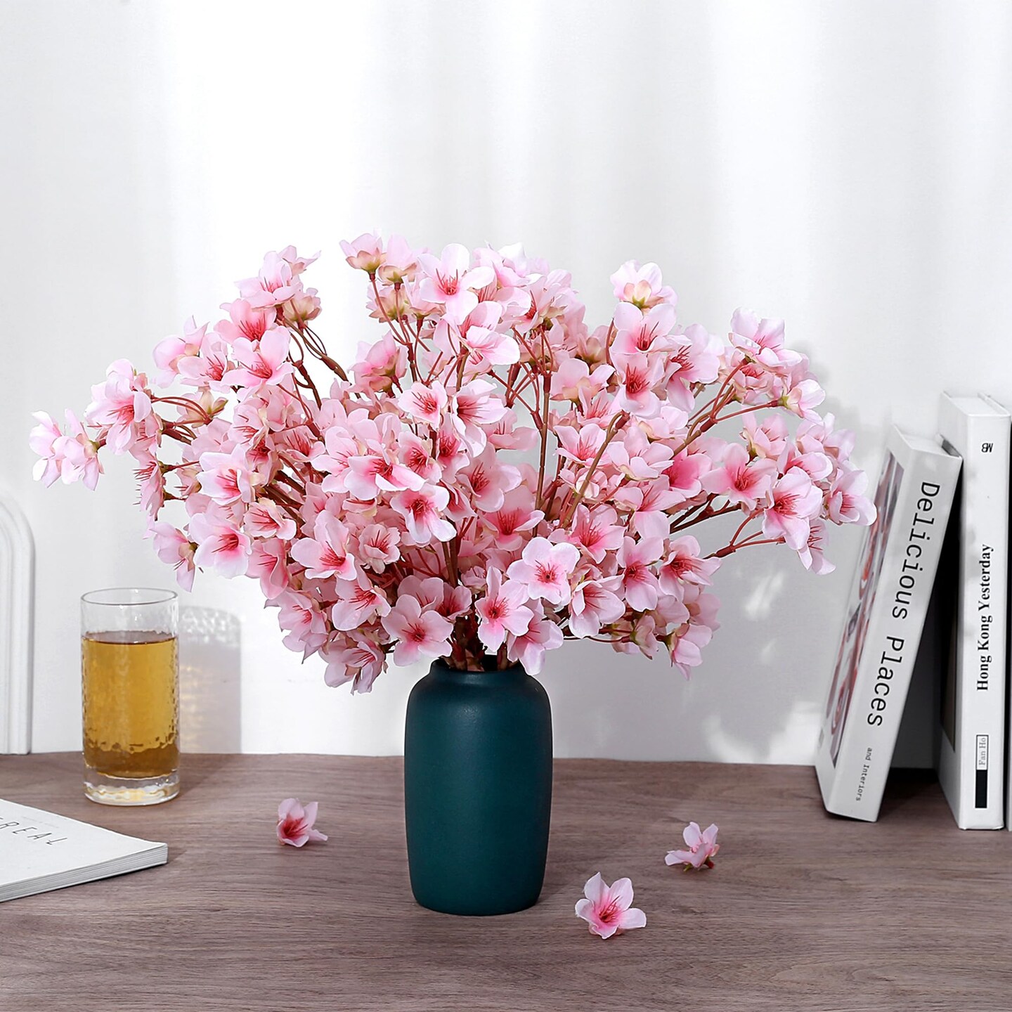 6Pcs Artificial Cherry Blossom Branches Decor Fake Flowers 16&#x22; Silk Faux Flowers for Decoration Spring Peach Bouquet Home Wedding Bedroom Party Japanese Garden Table Centerpiece Decor(Pink)