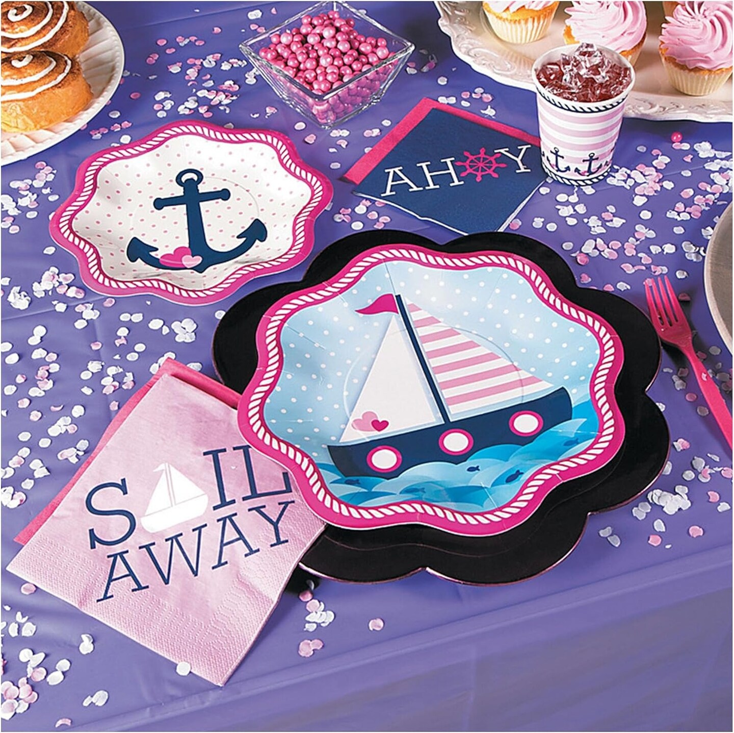 8 Ct. Pink Nautical Party Paper Dinner Plates Baby Shower & 1st Birthday Celebrations 10.5"