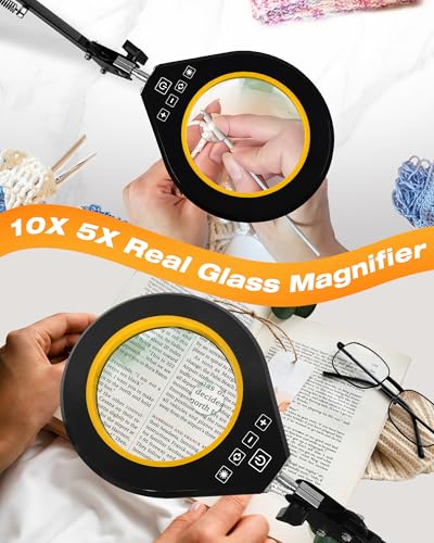 Magnifying Glass with Light, 10X &#x26; 5X Real Glass &#x26; Anti-Glare Lens, 5 Color Mode Stepless Dimmable LED Desk Magnifying Lamp, Hands-Free Desk Lamp with Clamp for Crafts Reading Repair Hobby (Yellow)