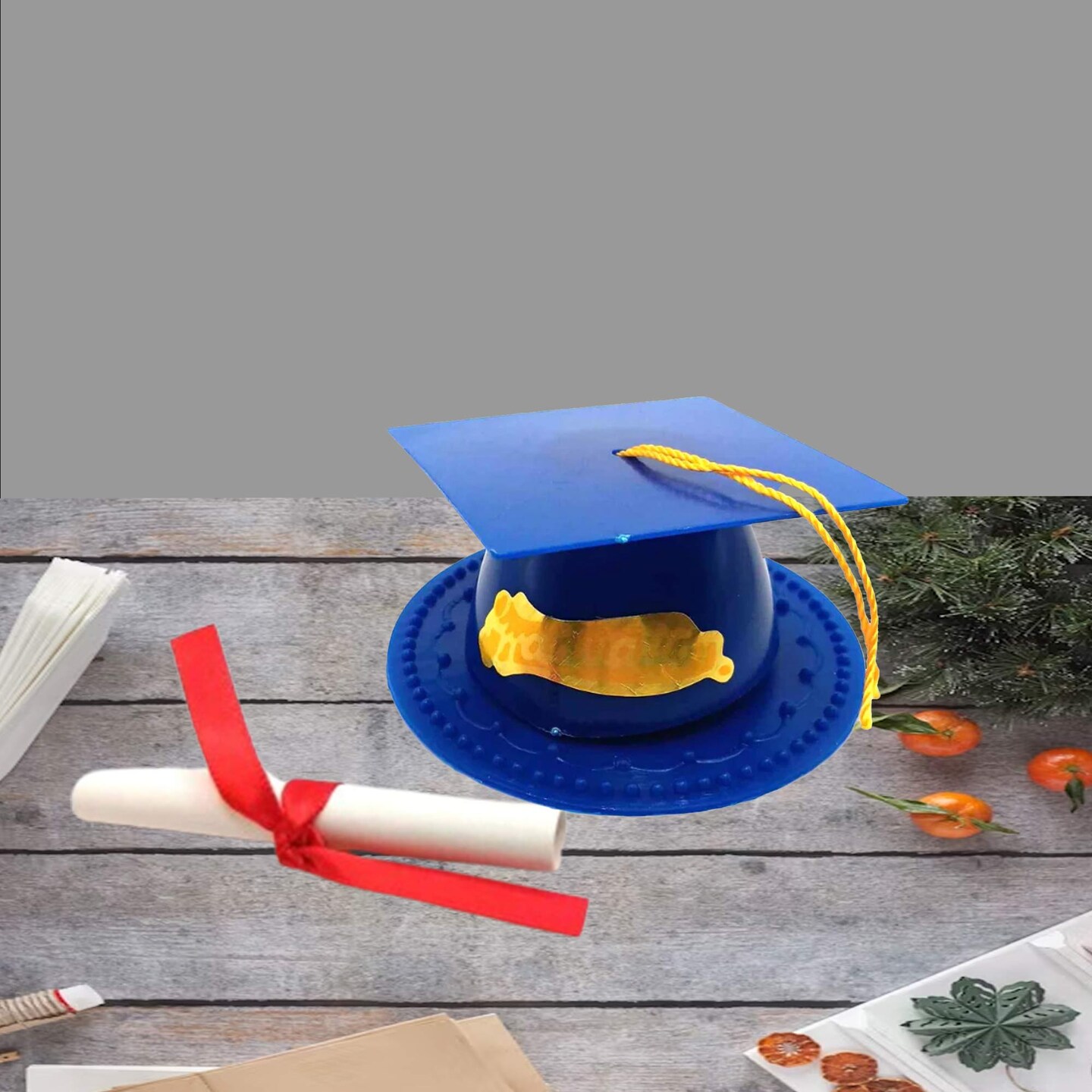 24 Count Graduation Cap Cake Topper with Diploma Plastic Paper Party Decoration Royal Blue 3.5 Inch