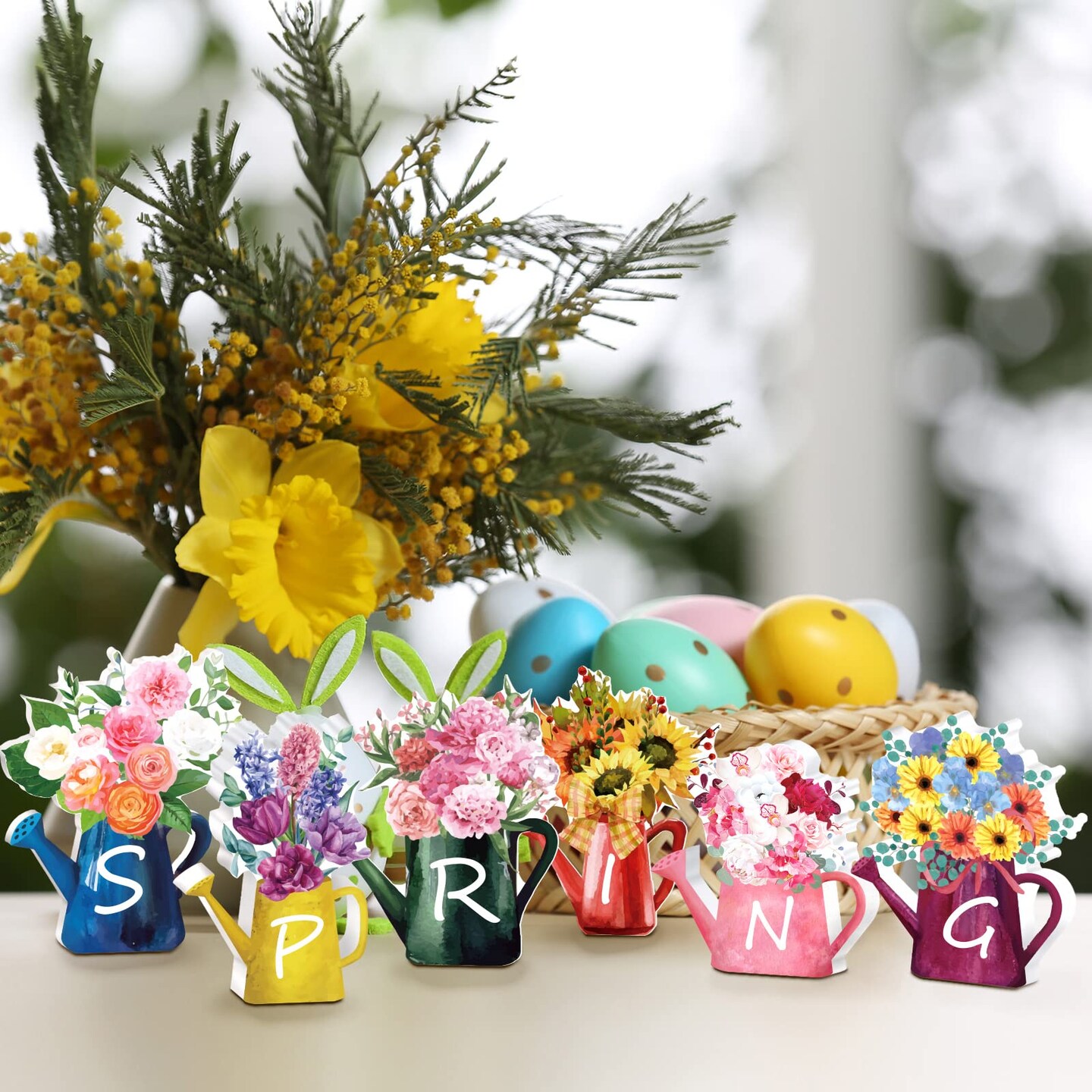 6 Pieces Spring Wood Block Signs Wooden Tabletop Spring Decor Flowers Decor Tiered Tray Decorations Watering Can Table Centerpiece Wall Pediments for Home Farmhouse Tabletop