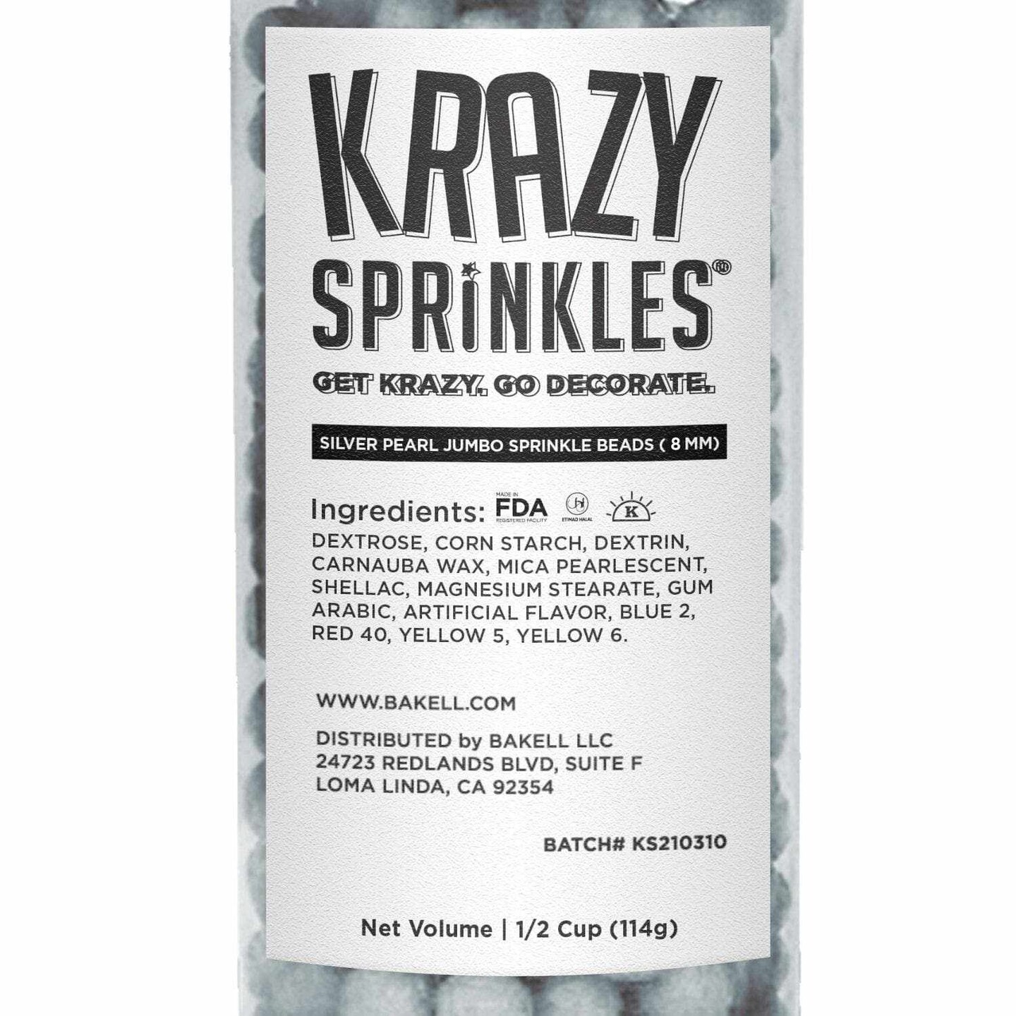 Krazy Sprinkles - Silver Pearl 8mm Beads (1/2 Cup, 1x Jar) for Cakes, Ice Cream &#x26; Cookies
