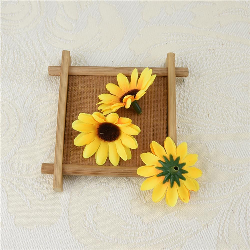 100Pcs Yellow Artificial Flower Heads Mini Fake Sunflower Decorative (Yellow) 1"D x 1"W x 0.2"H