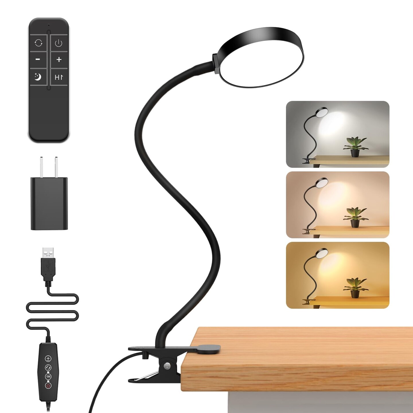 Reading Light with Remote, LED Desk Lamp Clip on [1H Timer &#x26; Nightlight] RA&#x3E;95 Dimmable Flexible Gooseneck, Reading Lamp with Clamp for Table - 3.5&#x27;&#x27; (Adapter Included)