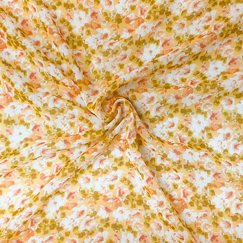 Yellow-Multi Poly Floral Print Crinkle Yoryu Chiffon Woven Fabric By the Yard