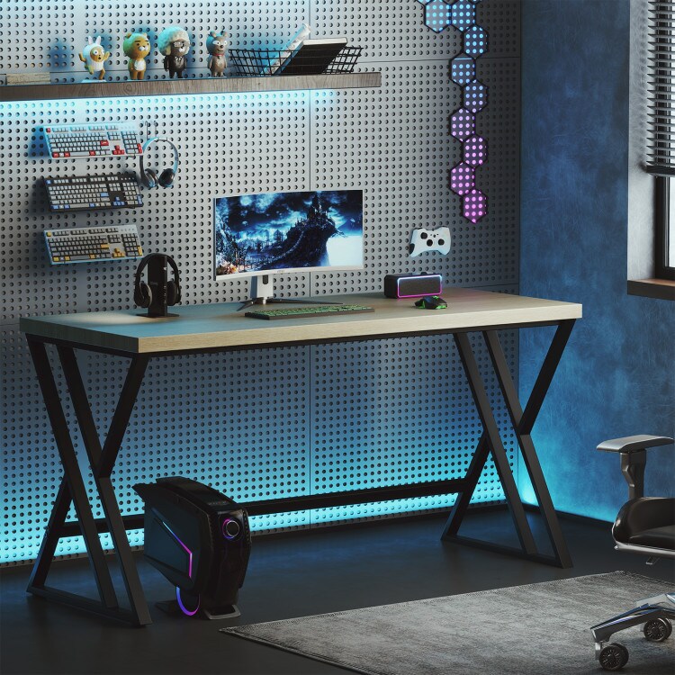 Large Computer Desk 59 Inch Metal Frame Office Desk with Footrest Crossbar