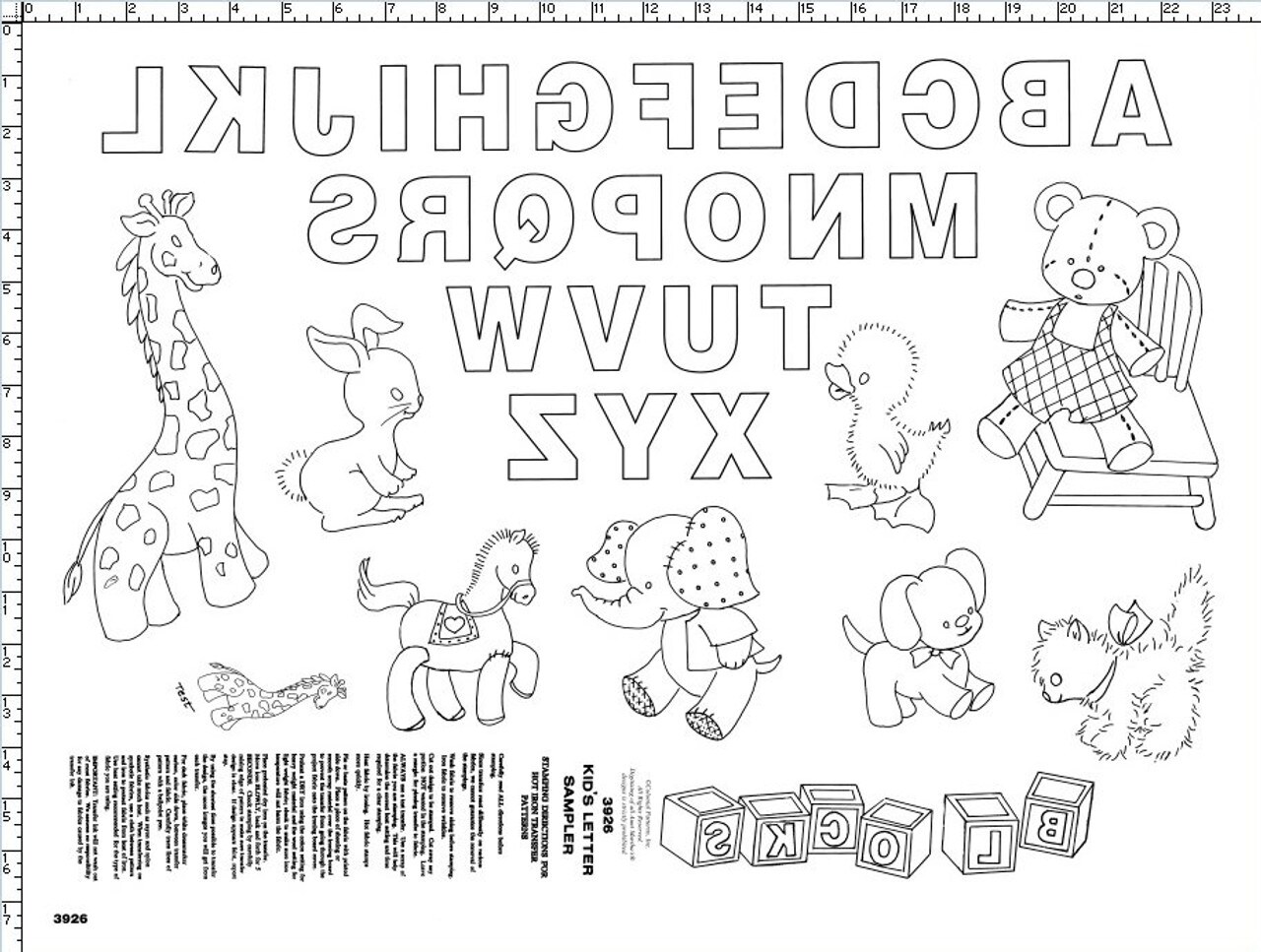 Aunt Martha's Kid's Letter Sampler 3926 embroidery iron on pattern