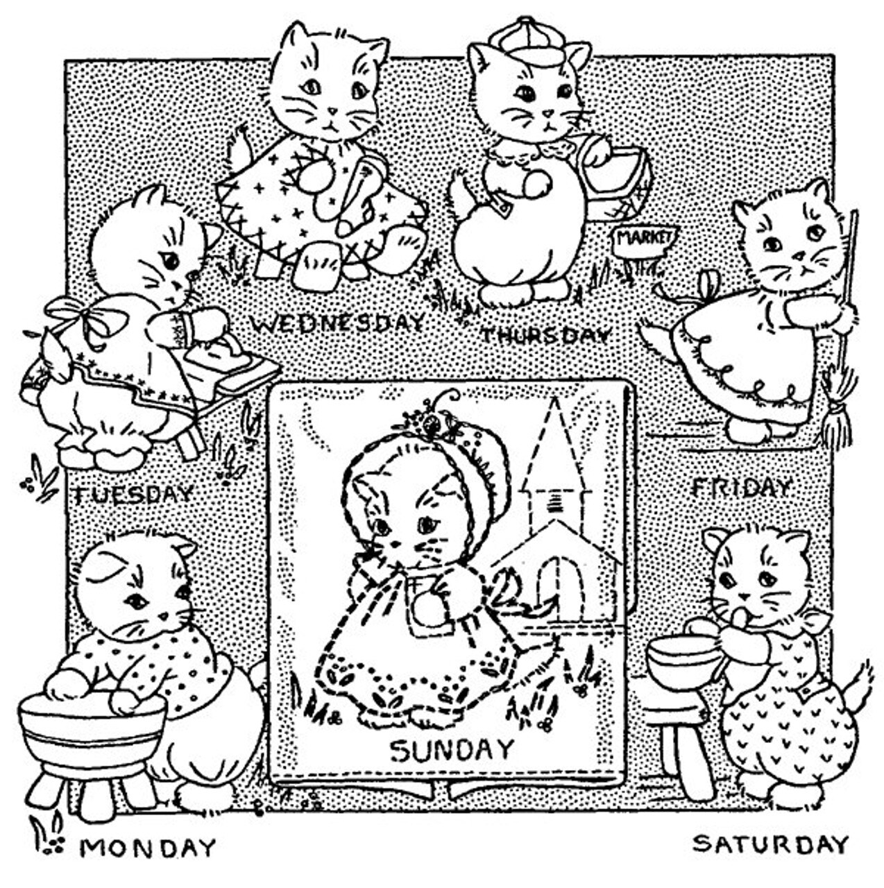 Aunt Martha's Kitten Chores 3982 days of the week embroidery iron on pattern