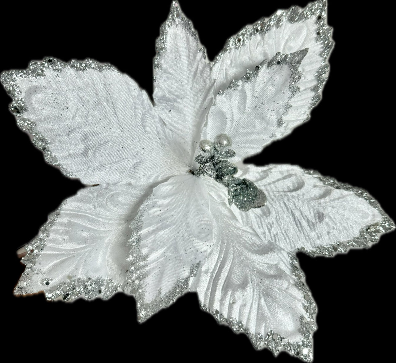 White and Silver Poinsettia Christmas Artificial Stems set of 3