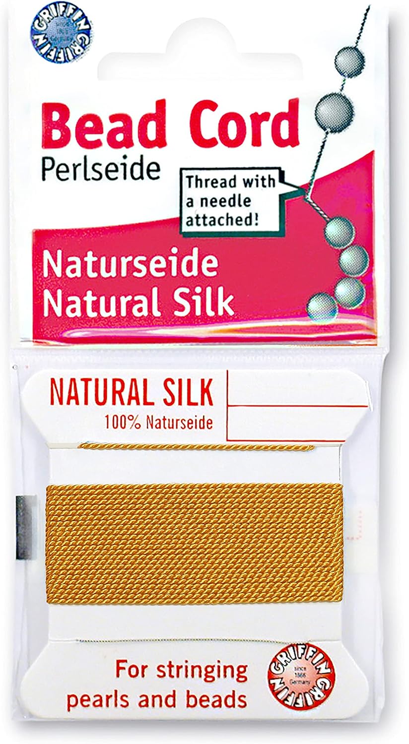 Griffin Silk Bead Cord Perlseide – Size 0 (0.30mm) – 2 Meters per Card – Stainless Steel Needle Attached – for Knotting Pearls, Gemstones, Crystals and Beads