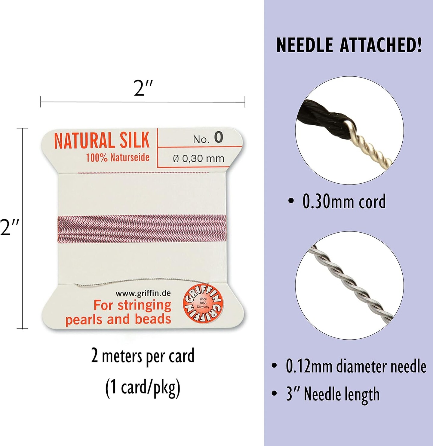 Griffin Silk Bead Cord Perlseide – Size 0 (0.30mm) – 2 Meters per Card – Stainless Steel Needle Attached – for Knotting Pearls, Gemstones, Crystals and Beads