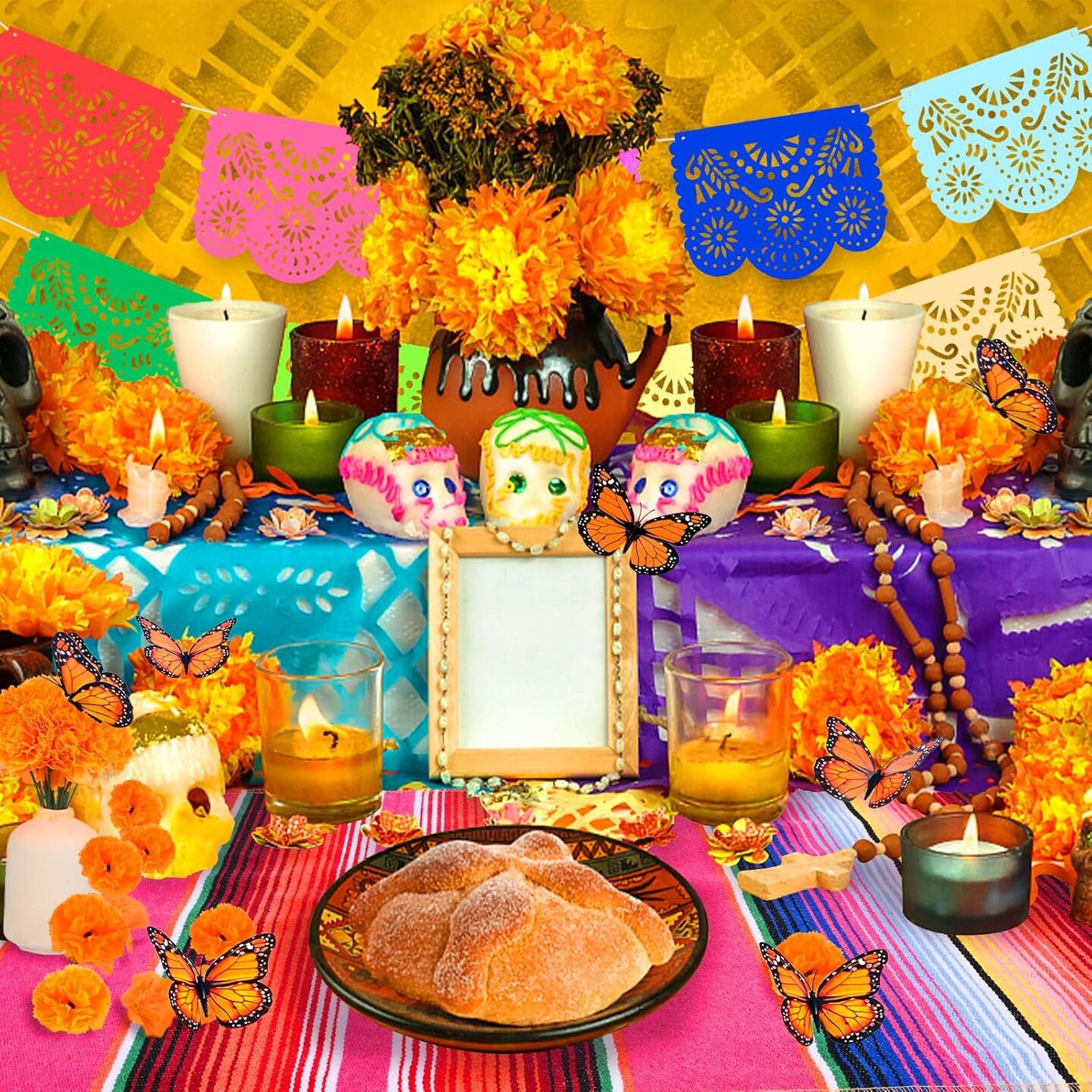 65 Pcs Day of The Dead Decorations, Dia De Los Muertos Decor 50 Artificial Flowers,1 Marigold Garland,1 Mexican Party Banner,1 Table Runner,12 Monarch Butterflies Altar Decor for Diwali Party