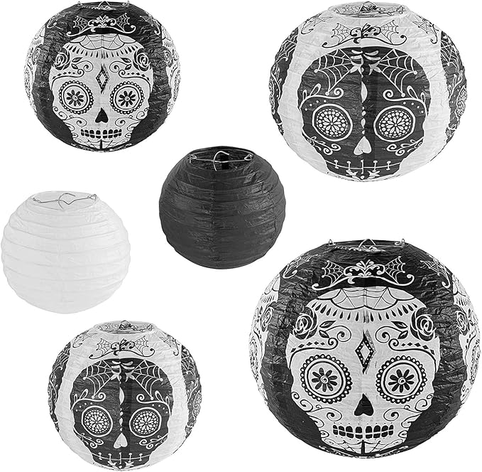 Skull Design Day of The Dead Chinese/Japanese Hanging Black/White Paper Lanterns Metal Frame for Spooky Scary Halloween Party, Home Lamps, Haunted House Event Decoration (Set of 6)