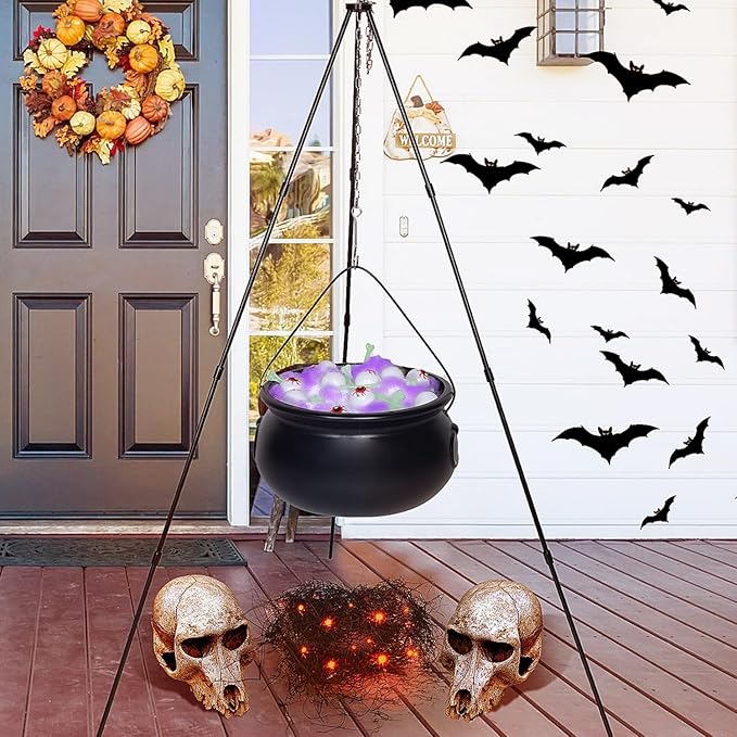 Halloween Decorations Outdoor Witches Cauldron Halloween Decor Plastic Cauldron on Tripod with Lights Eyeballs Bone Black Cauldron Halloween Party Decorations Halloween Cauldron for Porch Lawn
