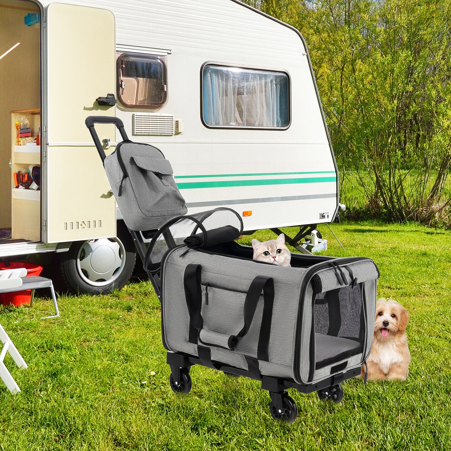 Rolling Cat Carrier with Dual-use Pads and Litter Bag-Grey