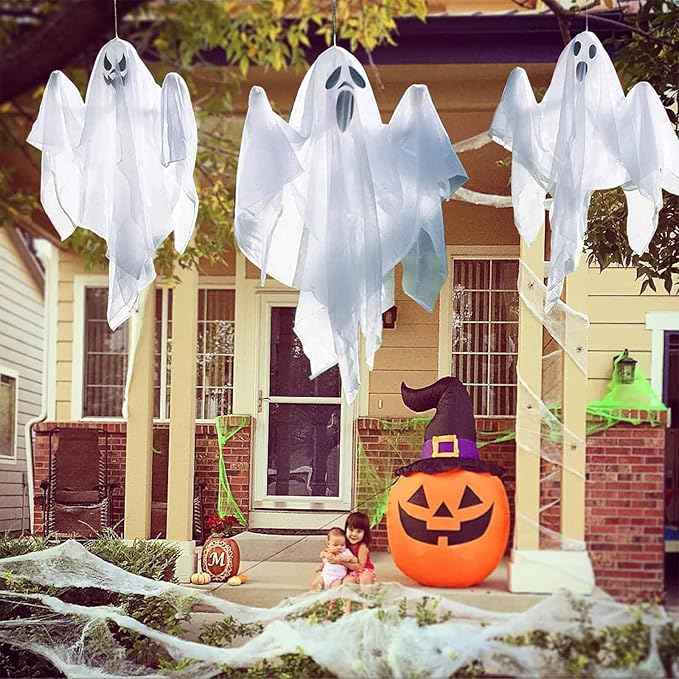 3 Pcs 31.5" Light Up White Hanging Ghost: Flying Ghosts with LED Lights Cute Decor for Halloween Outdoor Tree Yard Haunted House Decorations