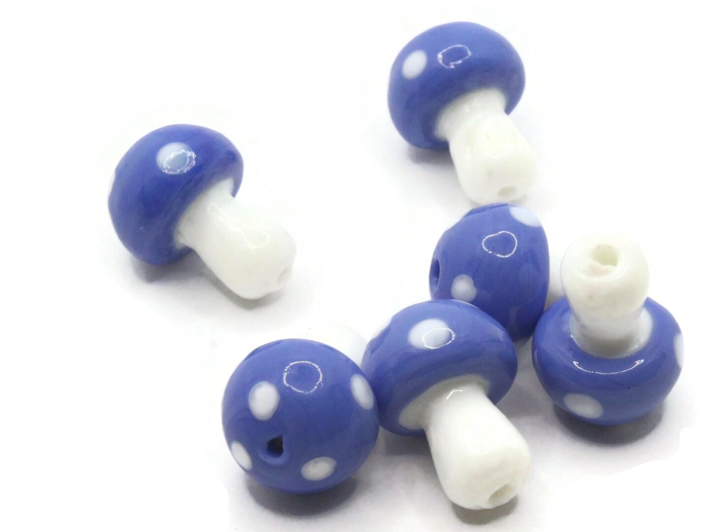 6 19mm Opaque Blue and White Mushroom Polka Dot Lampwork Glass Beads