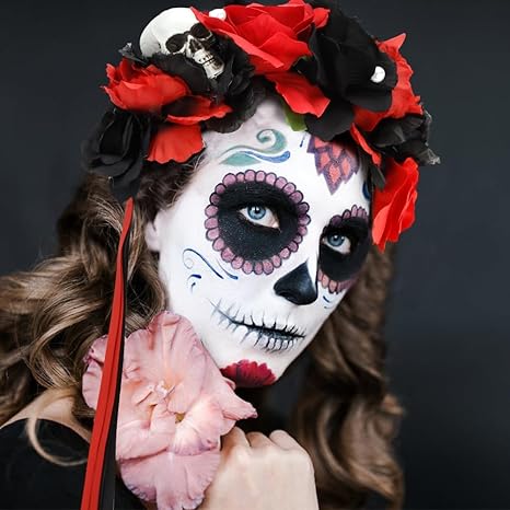 Flower Crown Day of the Dead Rose Headbands Skull Floral Crown Mexican Headpiece with Ribbon for Women Girls Black Red