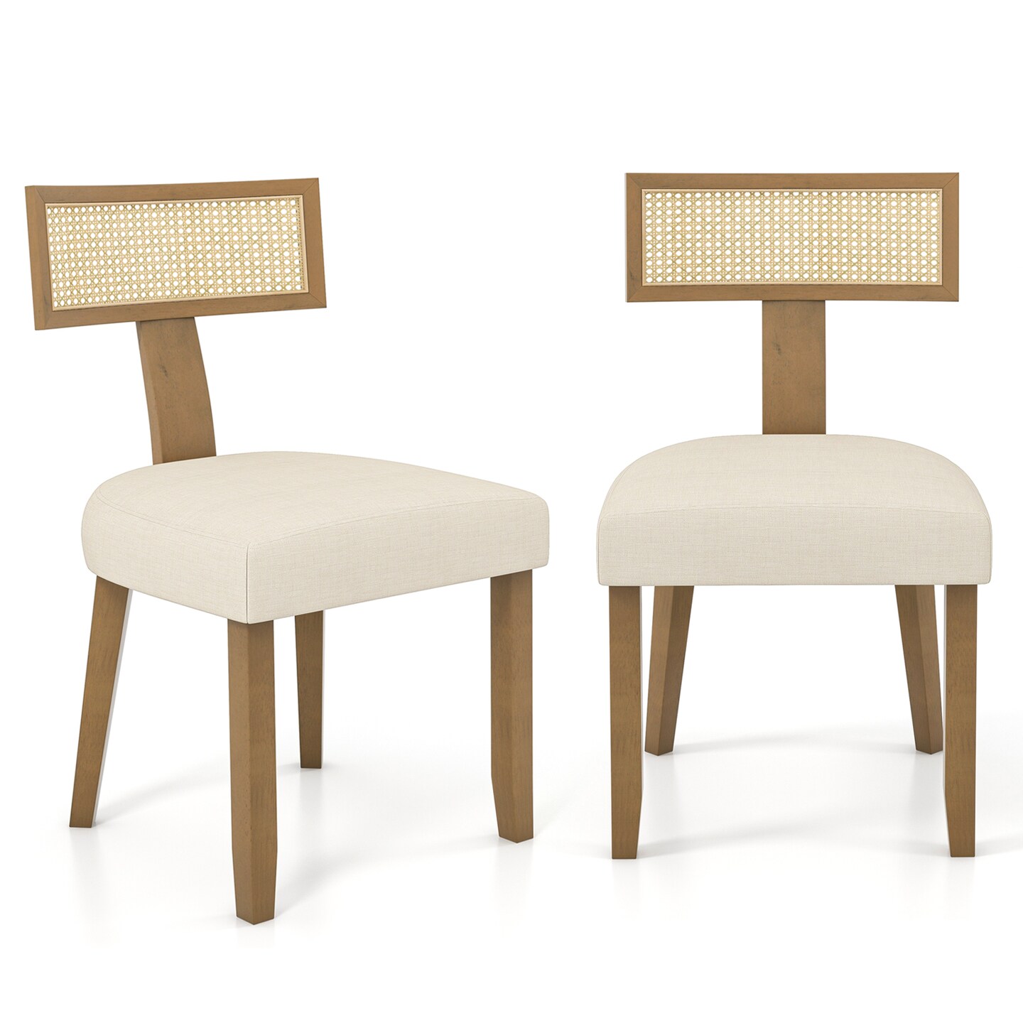 Set of 2 Linen Fabric Upholstered Accent Dining Chairs with Curved Rattan Backrests