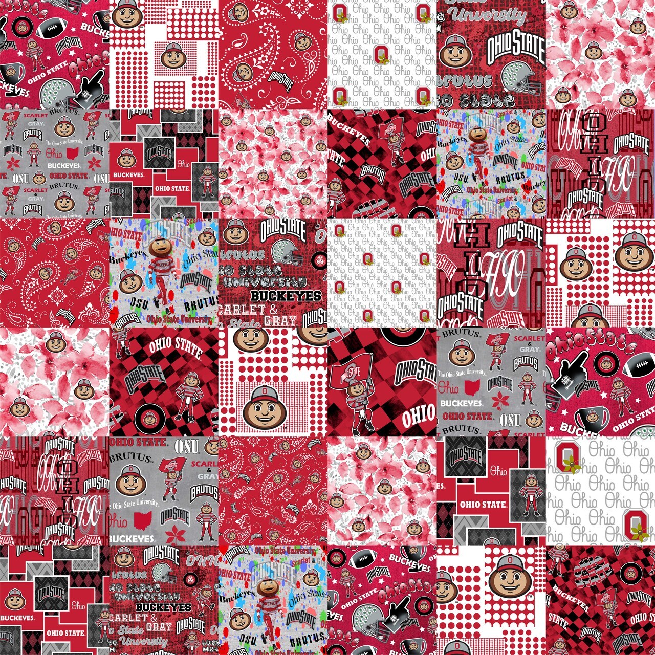 Sykel Enterprises-Ohio State University Cheater Quilt Printed Cotton Fabric-Ohio State Buckeyes Cotton Fabric with Patchwork Cheater Quilt Print-60&#x201D; Width