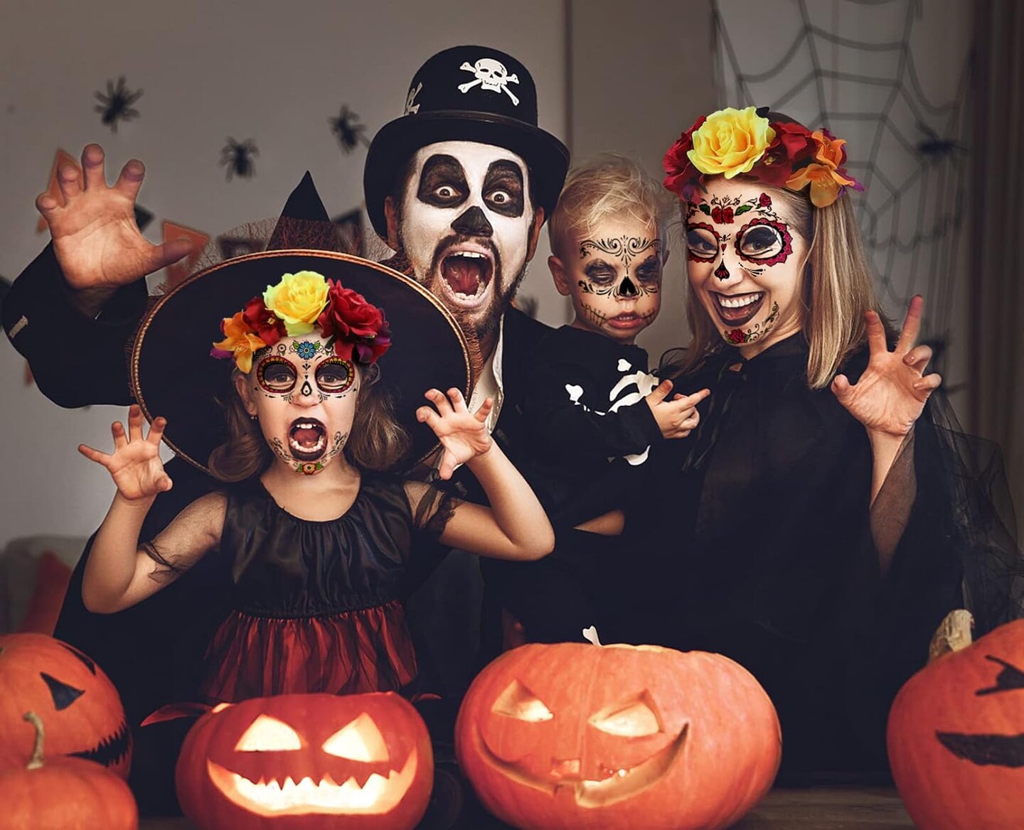 Rose Flower Halloween Headband &#x26; Day of the Dead Face Tattoos, Temporary Tattoo Stickers and Mexican Floral Headpiece for Halloween Costumes Party Supplies Cosplay Festival , Day Of the Dead headband