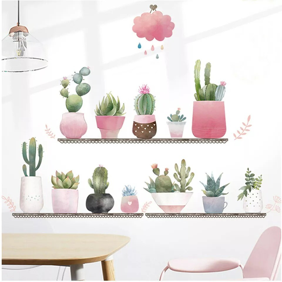 Green Wall Stickers Potted Succulent Plants on Shelves Removable PVC Bedroom