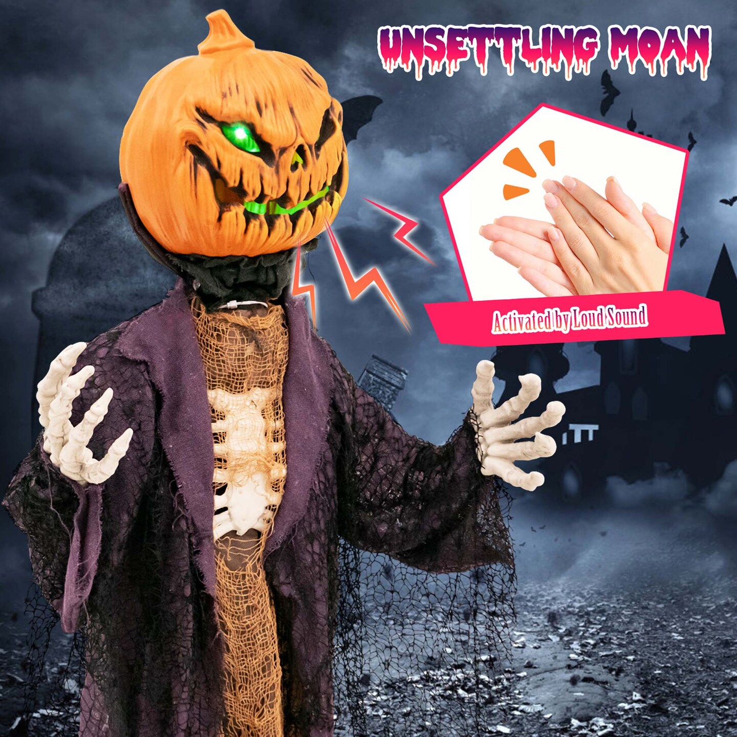 Costway 5.6 FT Halloween Animated Standing Pumpkin Scarecrow with Weird Phrases &#x26; LED Eyes