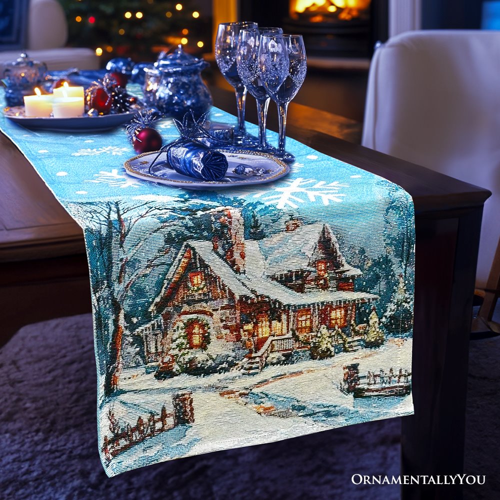 Gracefully Artful Winter Cabin 72&#x22; Table Runner, Merry Christmas Blue Rectangle Tablecloth with Snowflakes