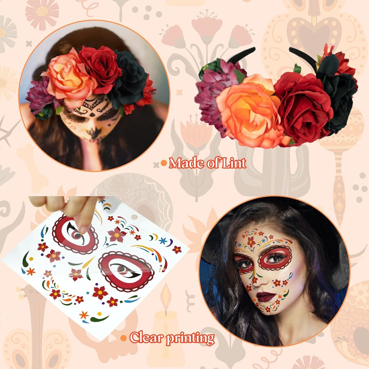 4 Kits Day of the Dead Makeup Face Tattoos for Men and Women with 1 Rose Red Flower Crown Headband for Halloween Party Supplies Cosplay Festival Masquerade Halloween Costume