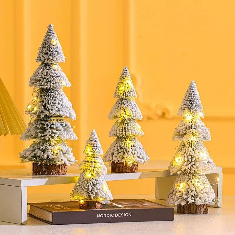 4Pcs Mini Christmas Trees Desktop Flocked String Light Tree with Wooden Base