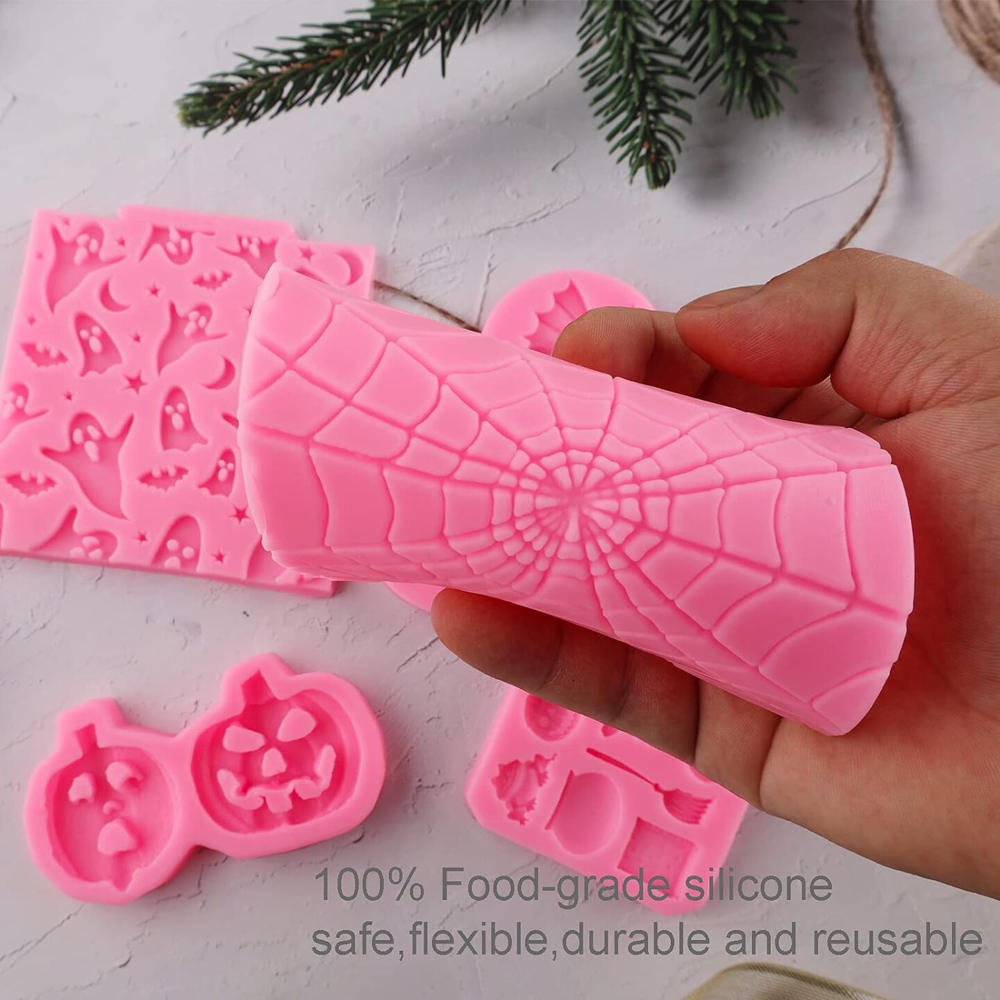 Halloween Silicone Mold 7 Pack Pumpkin Silicone Cake Mold Cupcake Chocolate Mold Skull Batskeleton Hand Bat Ghost Witch Candy Mold for Halloween Party