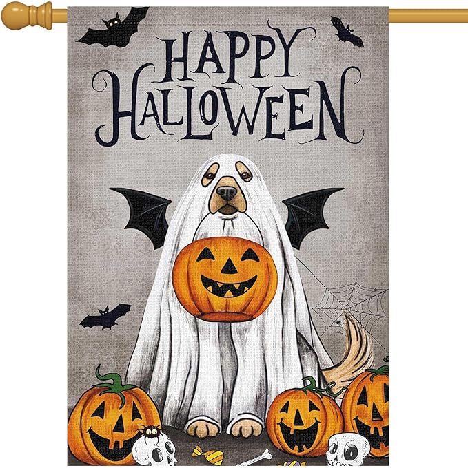 Happy Halloween Garden Flag with Ghost Golden Retriever Dog and Pumpkin 28x40 Inch Large Burlap Yard Holiday Welcome Decor Outdoor Outside House Flag (Only Flag)