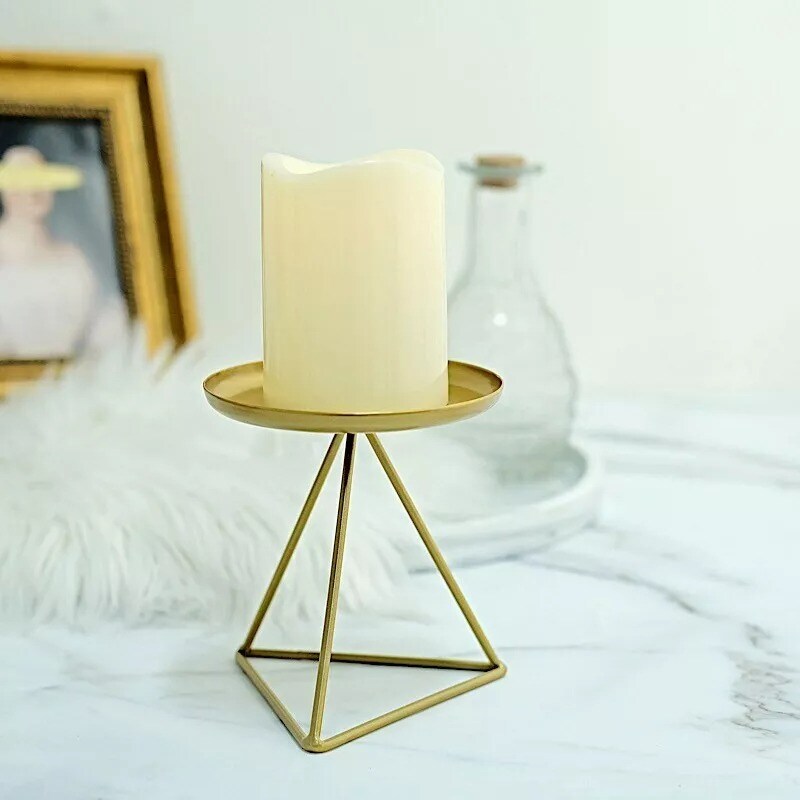 2 Geometric Gold 5&#x22; Metal Pillar Candle Holders Triangle Base Party Decorations