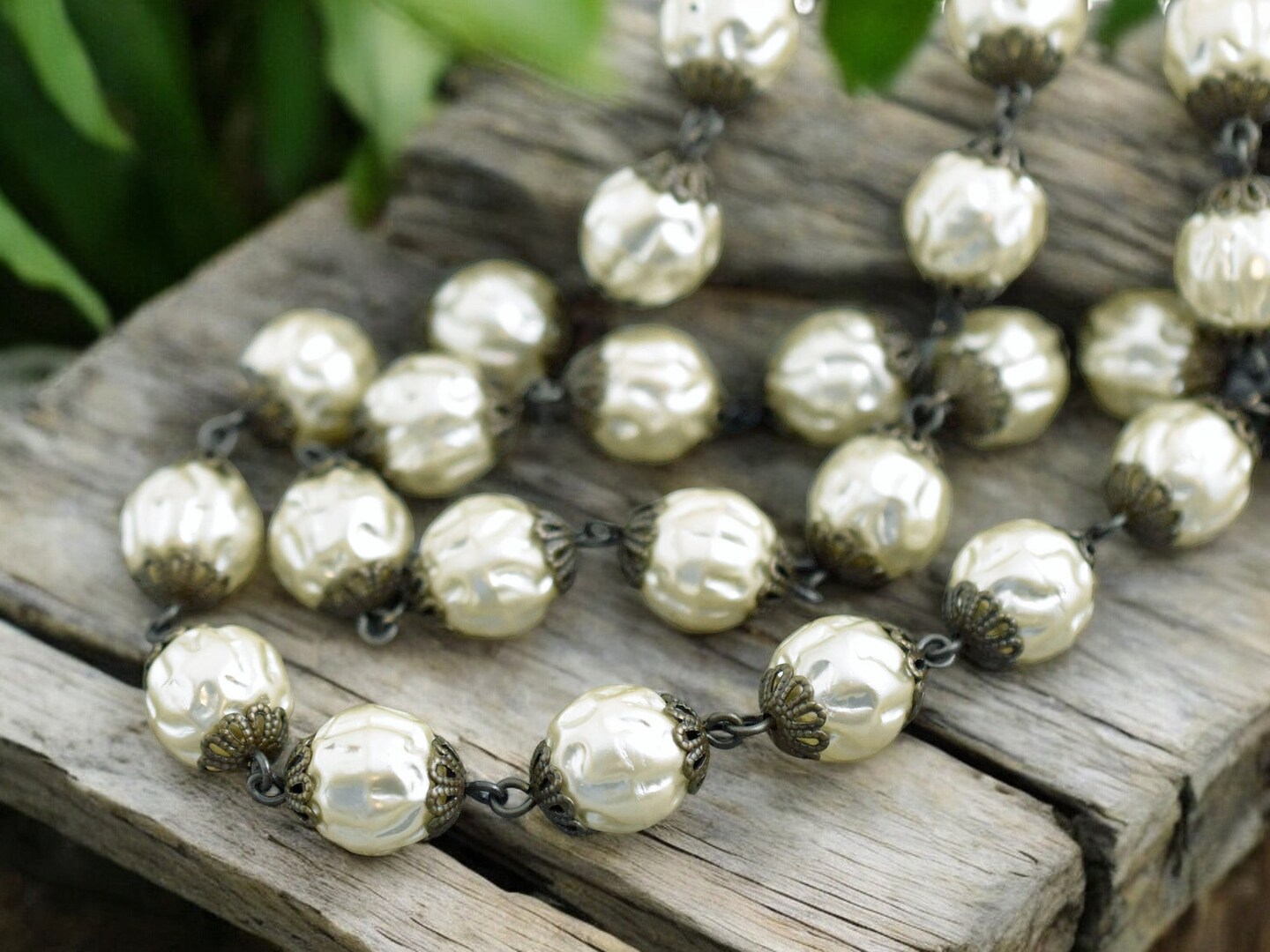 10mm Czech Glass White Baroque Pearl Chain with Bronze Caps -- Sold by the  foot