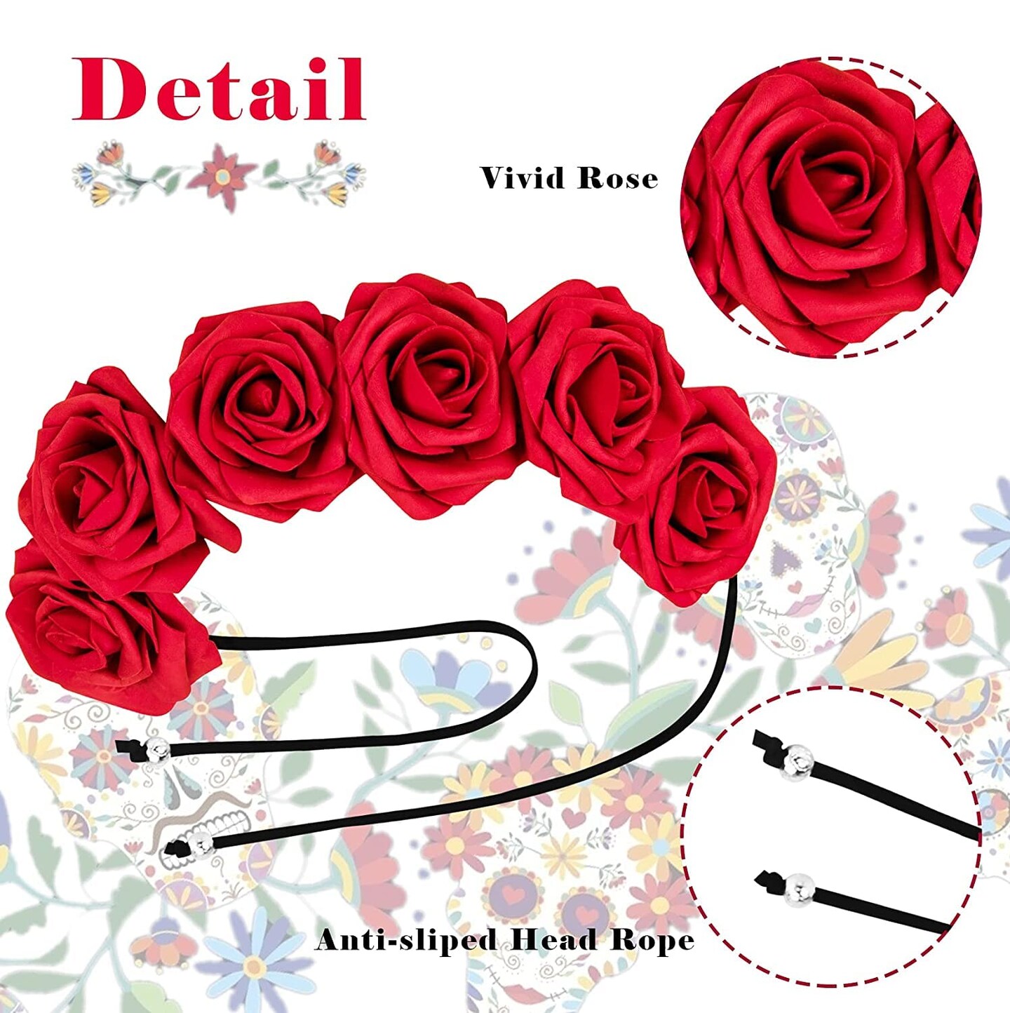 Rose Flower Headband Halloween Flower Crown Hair Wreath, Day of the Dead Headpiece for Halloween Costumes and Photo Prop, Floral Headband for Women