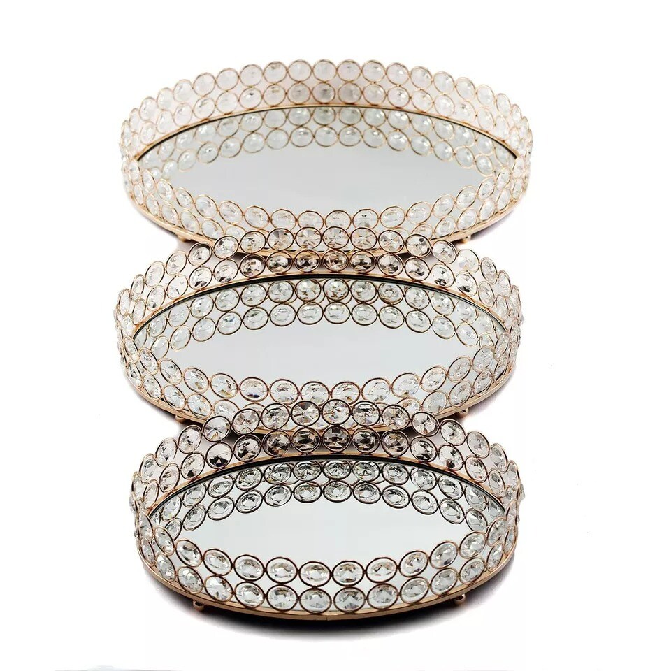 14&#x22;x10&#x22; Gold Metal Crystal Beaded Oval Mirror Serving Tray Wedding Decorations