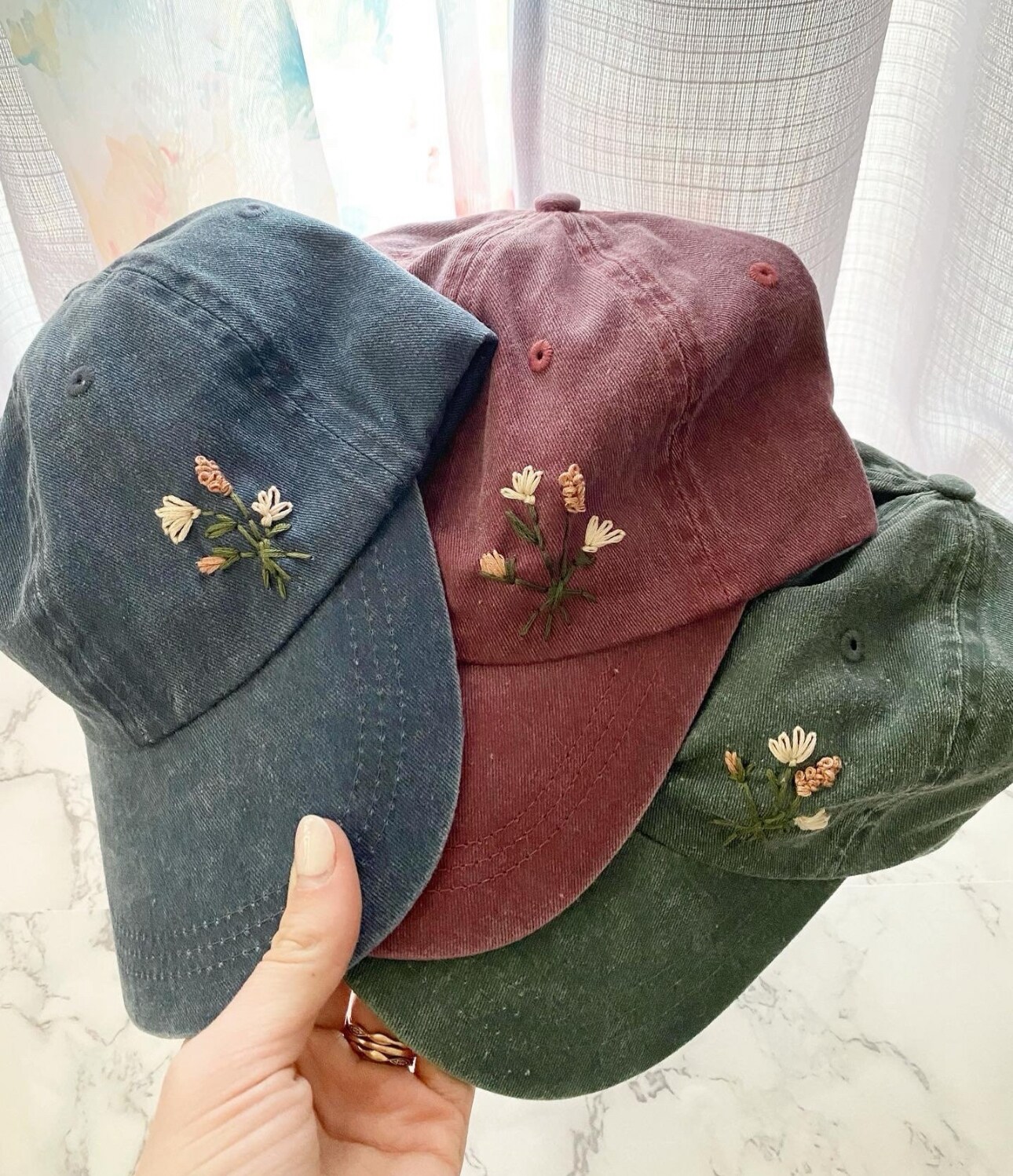 Custom Distress Floral Hand-Embroidered Baseball Cap