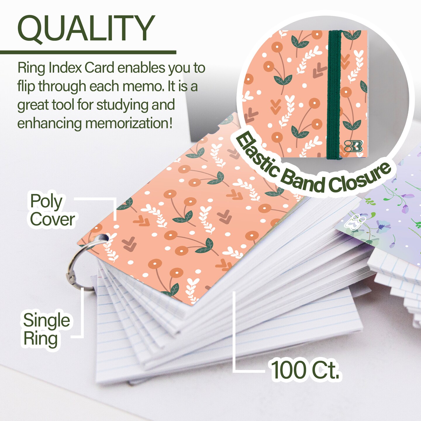 BAZIC Ruled White Index Card Fashion Poly Cover w/ Ring 3" x 5" 100 Ct.