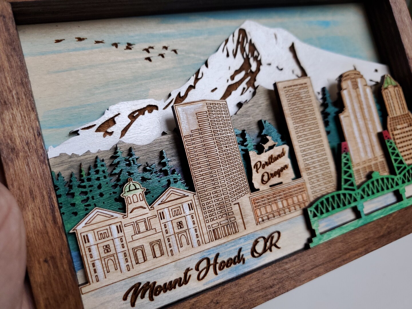3D Mount Hood, with Portland skyline, wooden multilayer wall art