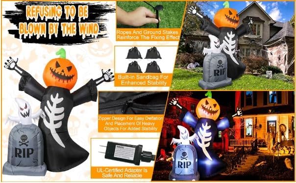 8FT Halloween Inflatable Pumpkin Grim Reaper &#x26; Ghost Tombstone - LED Lighted Yard Decoration