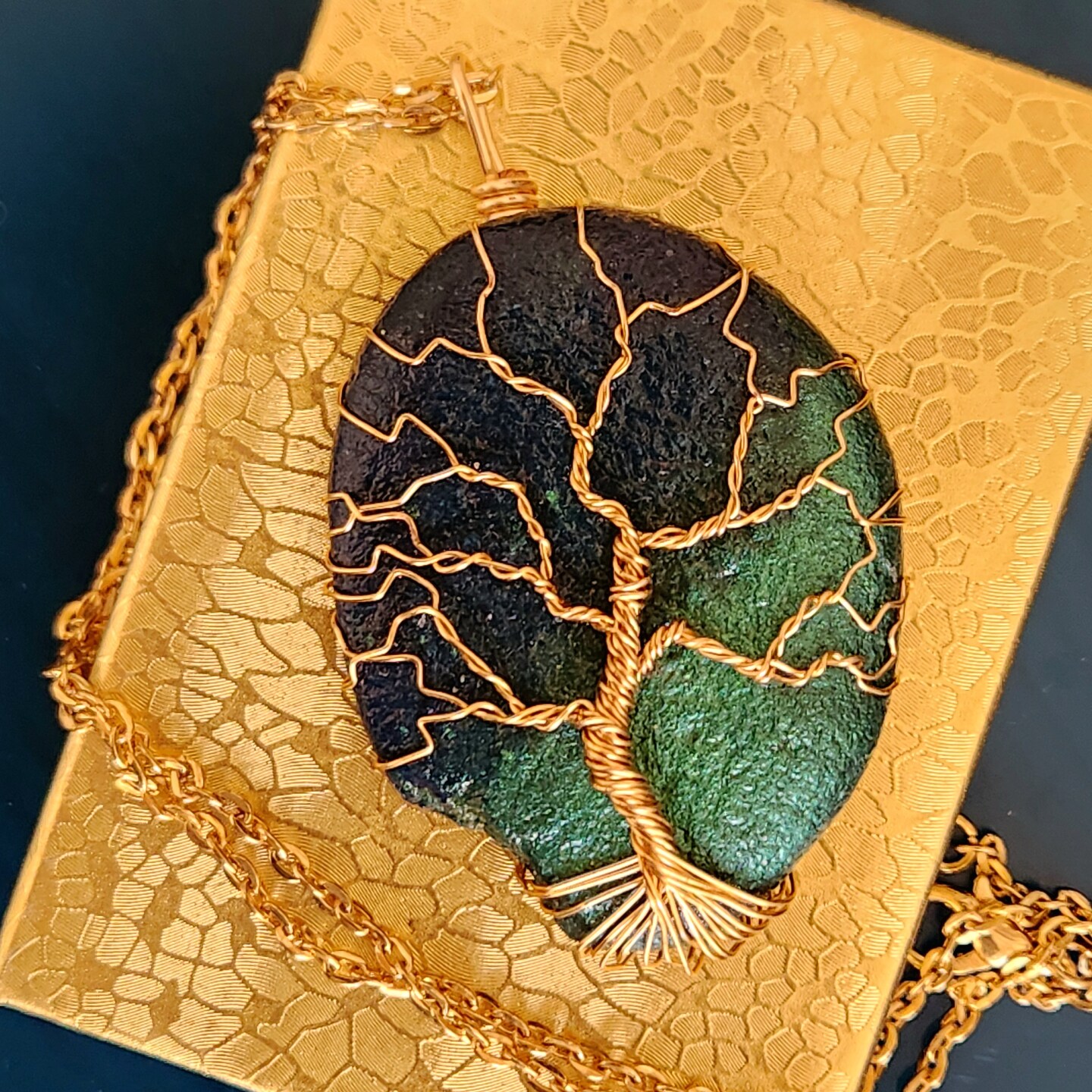 Hand Painted Tree Of Life Stone Pendants, Gold Wired Wrapped Jewelry, Dark Blue And Jade Green, Symbolizes Blessings,