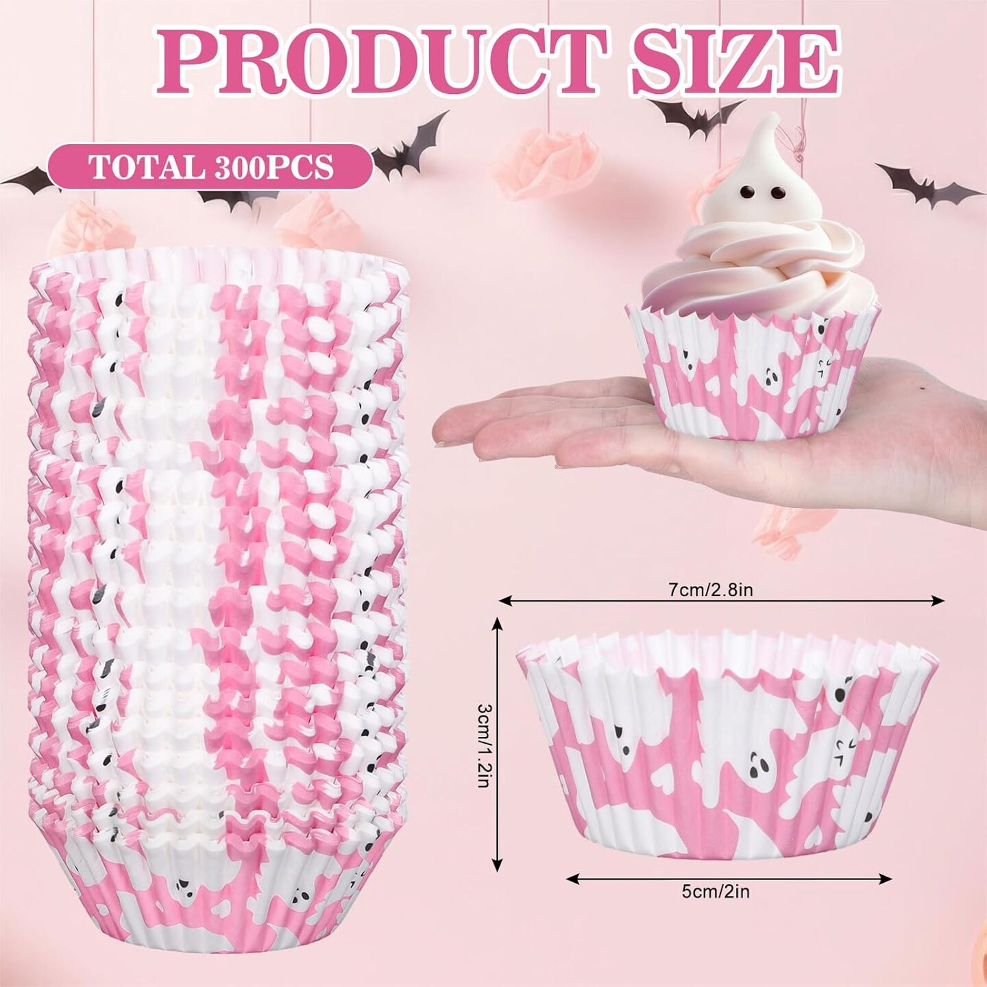 300Pcs Halloween Cupcake Liners Pink Ghost Baking Cups Wrappers Greaseproof Muffin Liners for Halloween Party Supplies