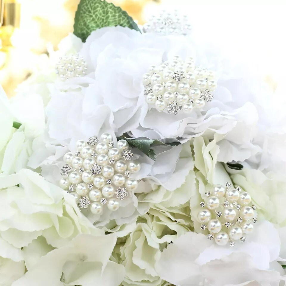 10 pcs Ivory White Metal Brooches Pins Flowers Pearls Rhinestones Decorations
