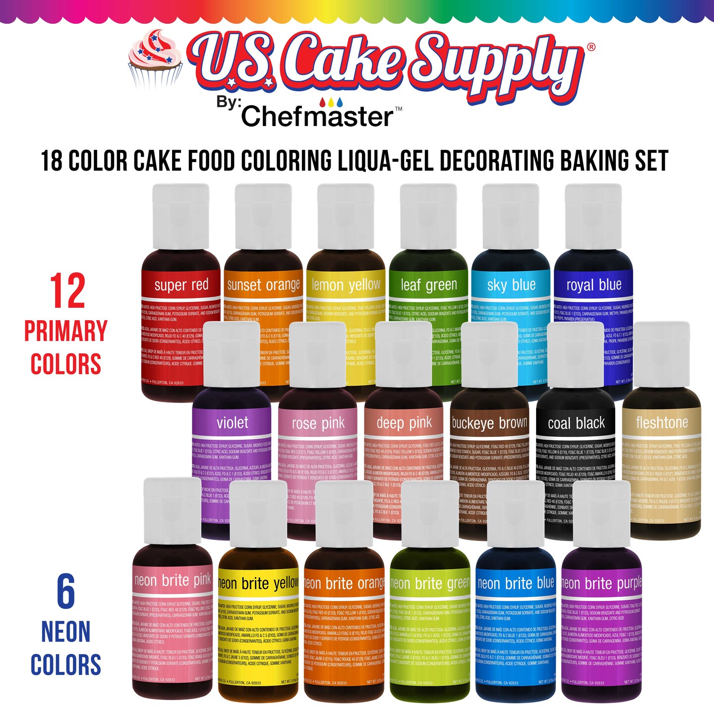 18 Color Cake Food Coloring Liqua-Gel Decorating Baking Set - 12-Primary &#x26; 6-Neon Colors U.S. Cake Supply 0.75 fl. oz. (20ml) Bottles - Made in U.S.A.