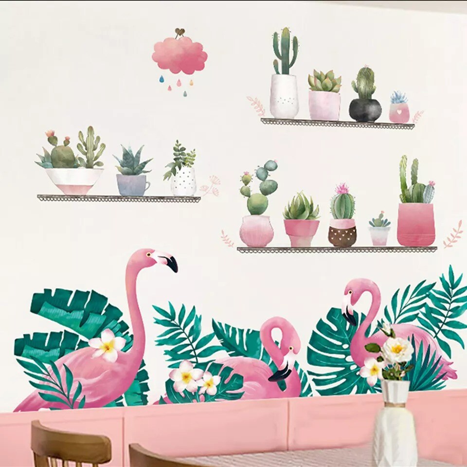 Pink Green Flamingo with Tropical Leaves Removable PVC Wall Stickers Living Room