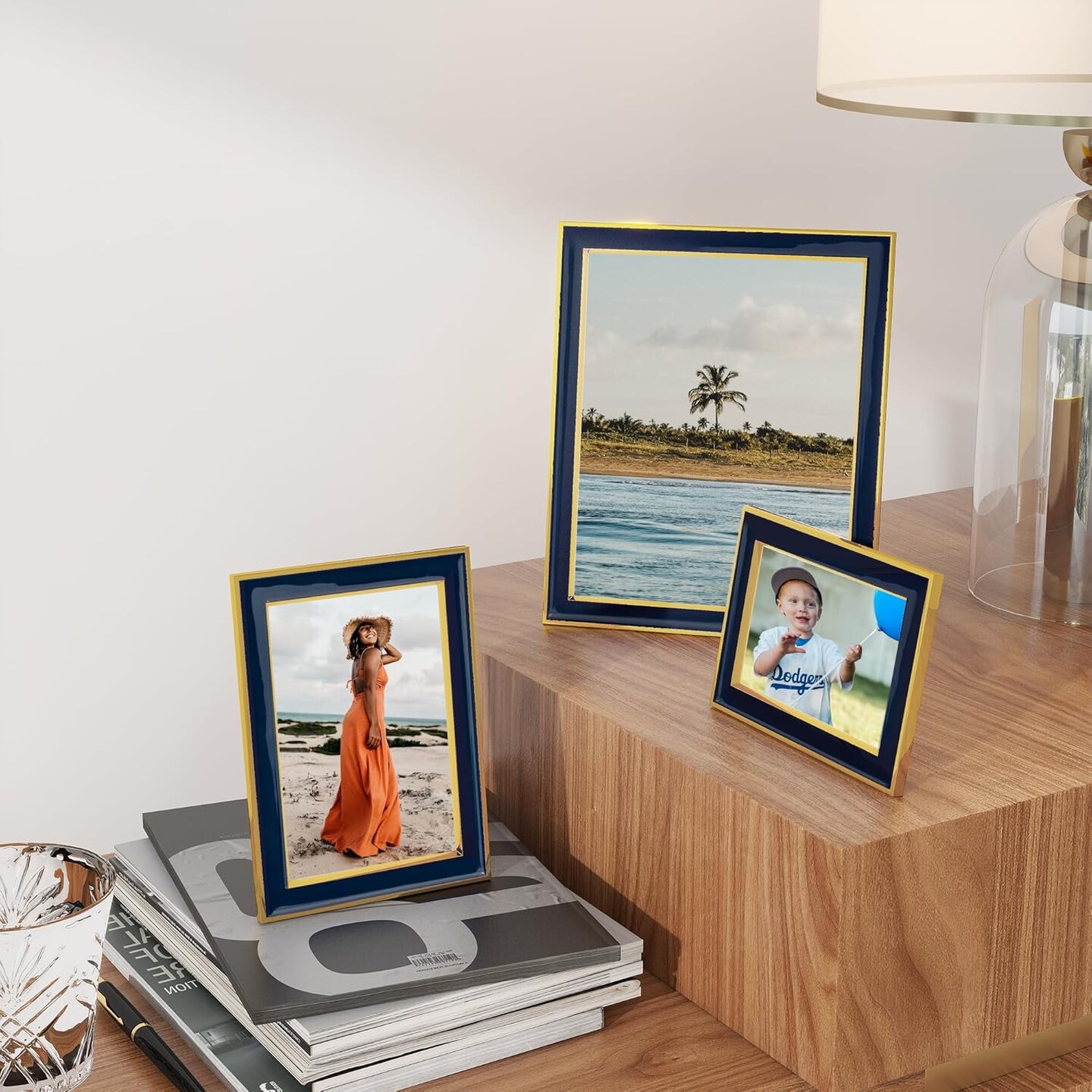 icture Frames Navy Blue Enamel with Gold Metal Edge and HD Real Glass Wall