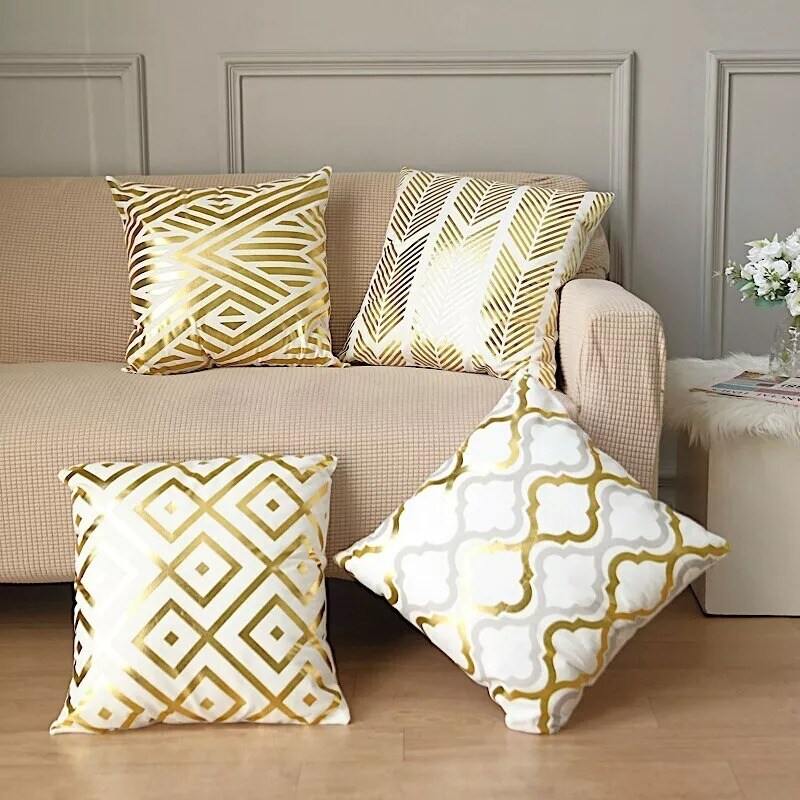 4 Square 18" x 18" White Velvet Throw Pillow Covers Gold Geometric Print Home