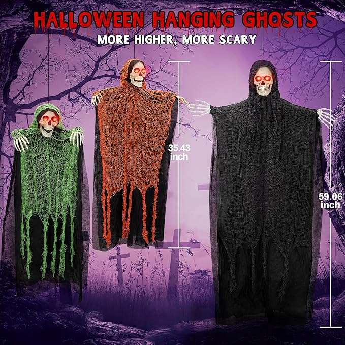 3 Pack Halloween Hanging Grim Reapers Decorations, Large Skeleton Flying Ghosts with LED Lights for Halloween Decor Outdoor Indoor, Halloween Party D&#xE9;cor for Yard Patio Haunted House Prop(59&#x22;, 35&#x22;)