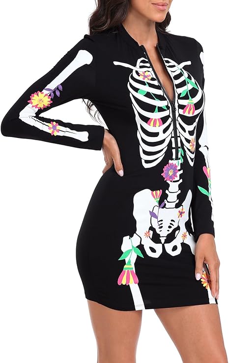 Women&#x27;s Skeleton Dress Halloween Costume Stretchy Long Sleeve Mini Dress