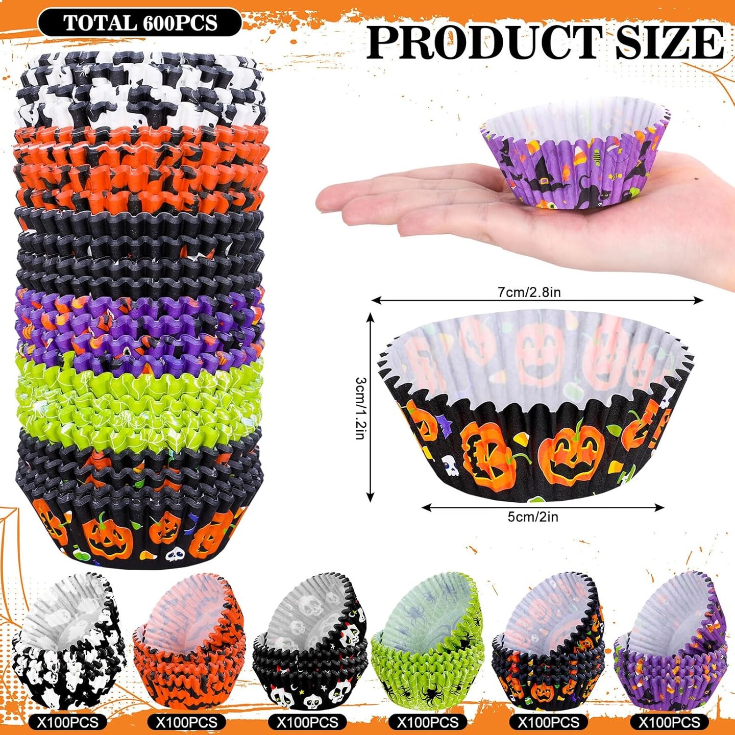 600Pcs Halloween Cupcake Liners Pumpkin Witch Legs Bats Ghosts Spiders Skulls Cupcake Wrappers Baking Cups Holders Muffin Baking Liners for Halloween Party Supply